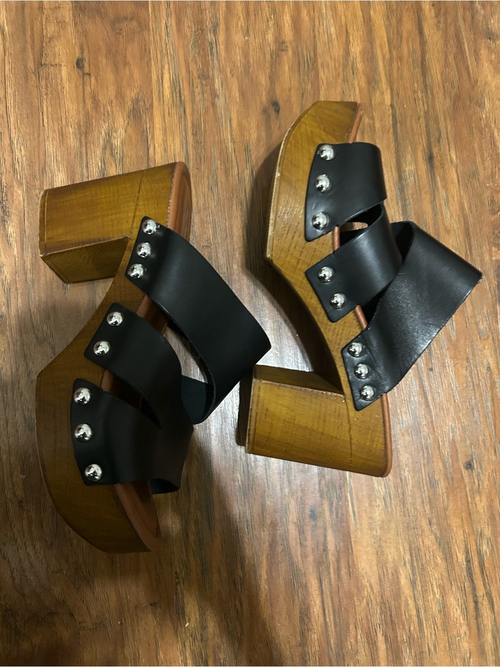 Black Leather Silver Studded Wood Platform Mules Slide-On Hippie Y2K Boho 90s - Picture 2 of 16